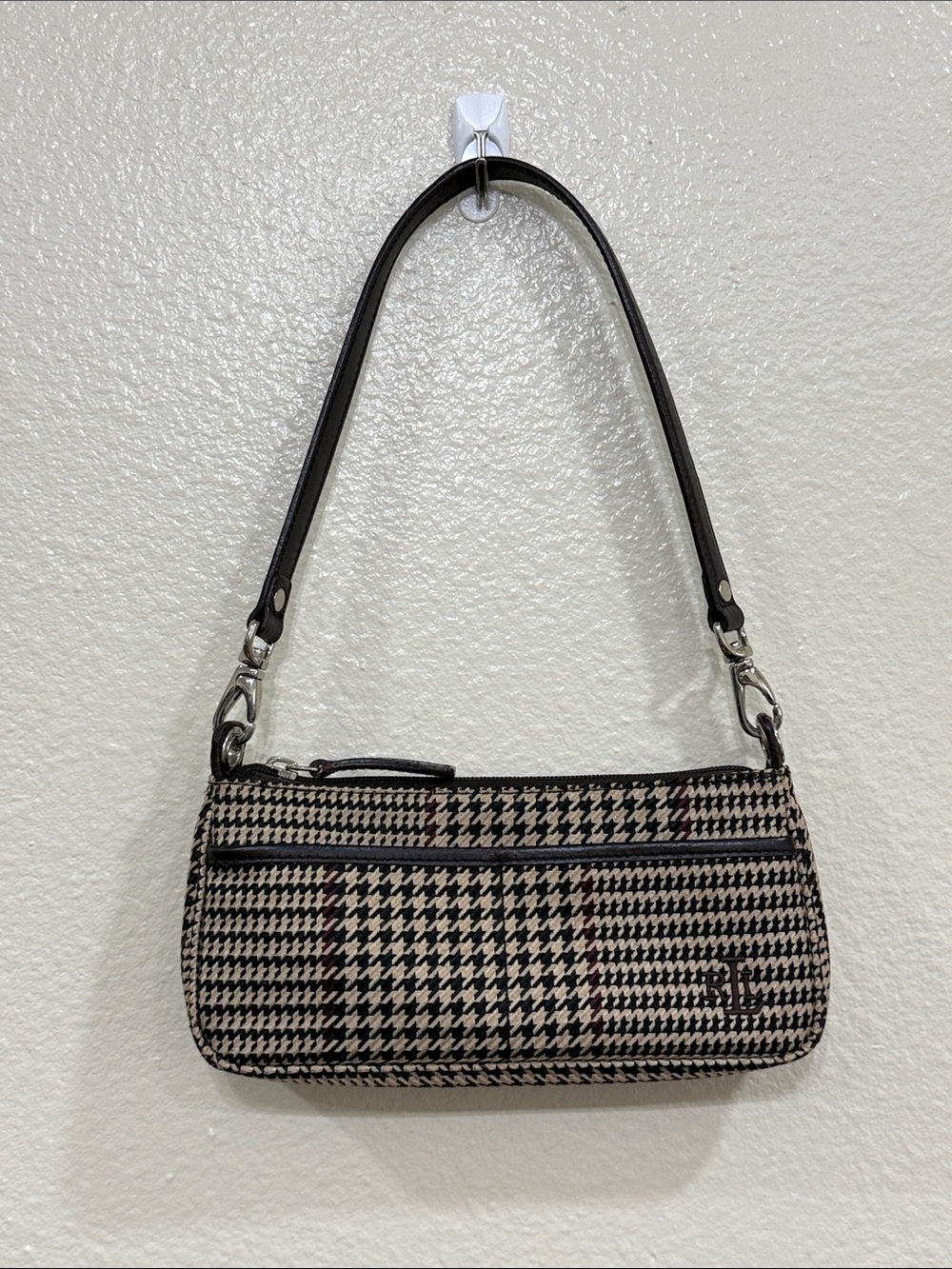 Vintage Y2K Ralph Lauren Brown Plaid Houndstooth Small Shoulder Bag Baguette